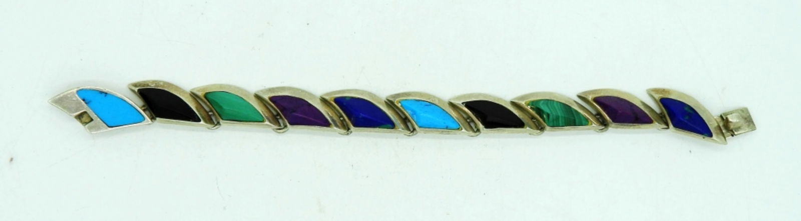 Taxco 925 Gemstone Bracelet: Taxco Sterling Bracelet. Onyx, Turquoise, Malachite & More. 7.5". Gorgeous! (30.4 DWT)