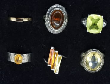 6 Sterling Orange & Yellow Gemstone Rings