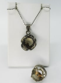 Taxco 925 Smokey Quartz Necklace Ring Set