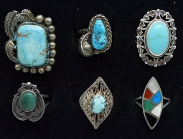 6 Vintage Sterling Turquoise Rings