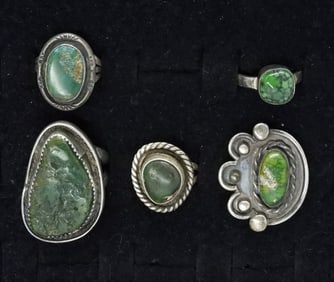 Five Sterling Dark Green Turquoise Rings