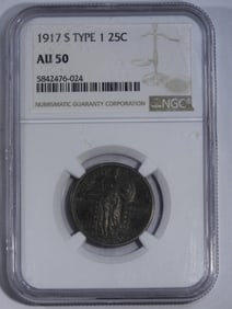 1917-S Type 1 Quarter Dollar NCG  AU 50