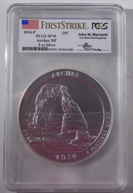 2014-P PCGS SP70 Arches NP 5oz Silver 25C