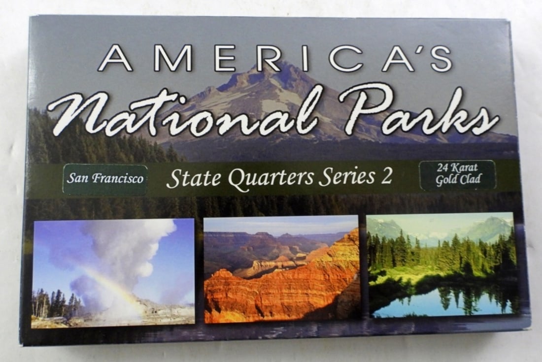 2013-S NATIONAL PARKS STATE QUARTERS SERIES 2: SAN FRANCISCO MINT UNCIRCULATED & 24K GOLD CLAD AMERICA'S NATIONAL PARKS 10-COIN QUARTER SET. IN BOX W/ COA.
