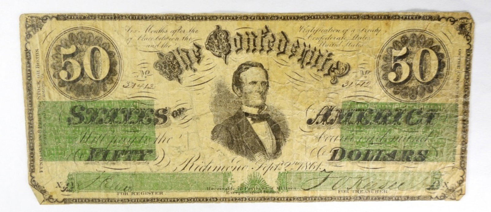 1861 $50 CONFEDERATE STATES OF AMERICA T-16: BID TODAY!