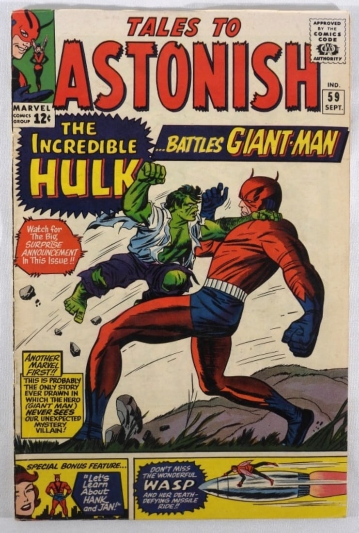 Tales To Astonish #59 Incredible Hulk: 1964 Silver Age Marvel, Tales to Astonish, The Incredible Hulk Battles Giant-Man #59, first crossover of the Incredible Hulk into Tales to Astonish, G-VG