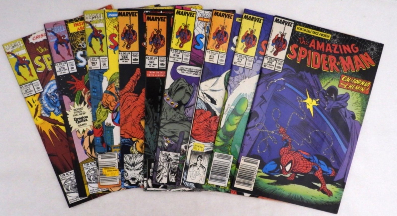 The Amazing Spider-Man Lot Of 9: 9 The Amazing Spider-Man 1980s-1990s comics, #305, 311, 313, 319, 320, 324, 367, 370, and 371, conditions vary