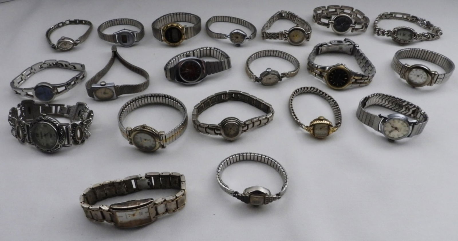 (20) Silver-Tone Ladies Watches: Watches are not verified, authenticated, or tested in running condition unless specified. Including Orvin, Timex, North Crest, and more