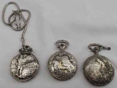 3 Silver-Tones Men's Ornate Pocket Watches