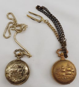 2 Men's Pocket Watches Ship Motifs