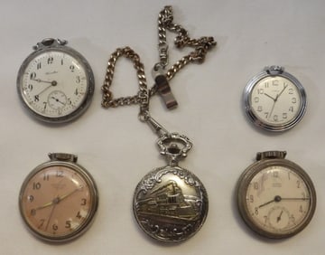 (5) Silver-Tone Pocket Watches