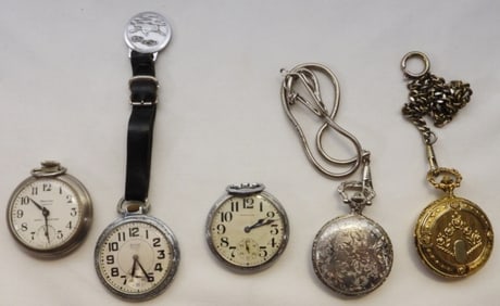 (5) Men's Pocket Watches (3) With Chains