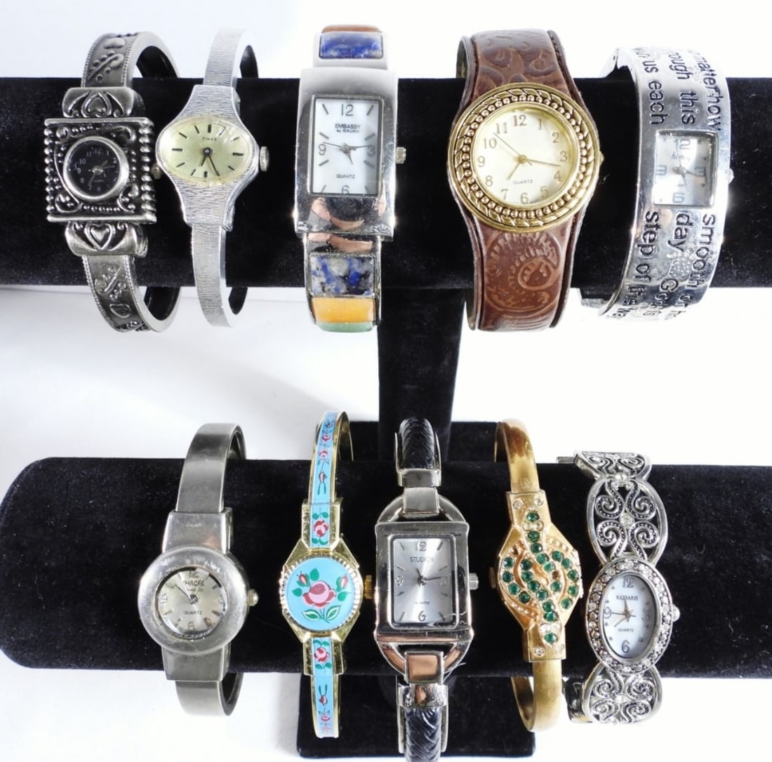 10 Women's Fashion Cuff Watches: Different conditions and styles. Watches are not verified, authenticated, or tested in running condition unless specified.