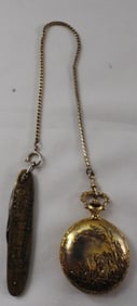 Gold-Tone Pocket Watch With Knife On Chain