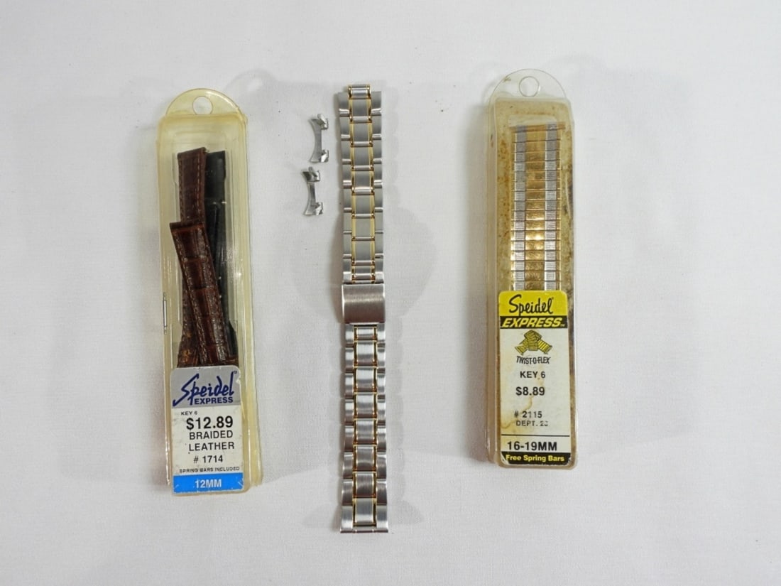 3 Men's Watchband Lot: Watches are not verified, authenticated, or tested in running condition unless specified. A twist-o-flex watchband, a leather watchband, and more.