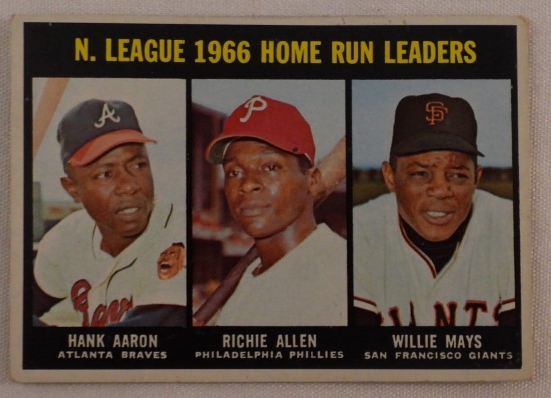 1966 Home Run Leaders Topps # 244: 1966 N. League Home Run Leaders- Hank Aaron, Richie Allen, Willie Mays Topps # 244. In G-VG condition.
