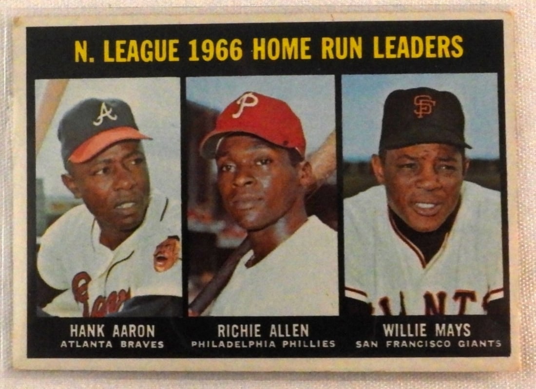 N. League 1966 Home Run Leaders Card #244: Hank Aaron, Richie Allen, and Willie Mays