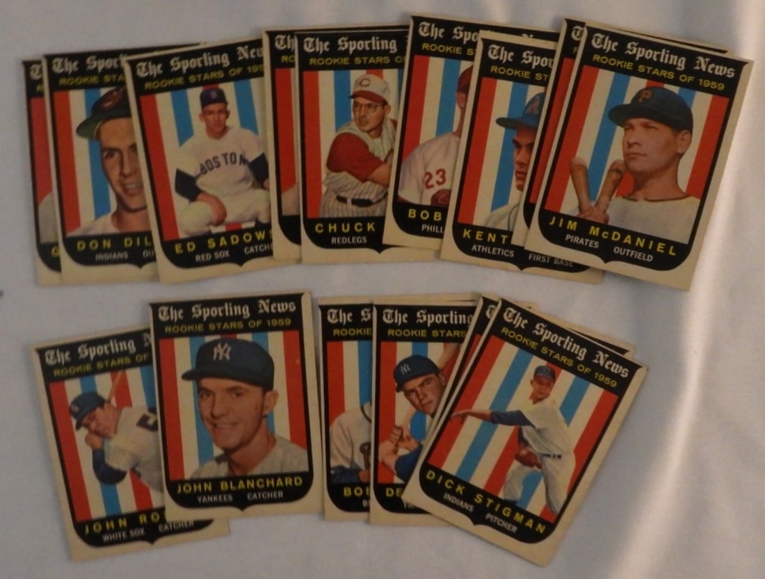 TOPPS The Sporting News Rookie Stars Of 1959: 15 cards, featuring players such as Don Dillard, Gene Oliver, Jim McDaniel, and more