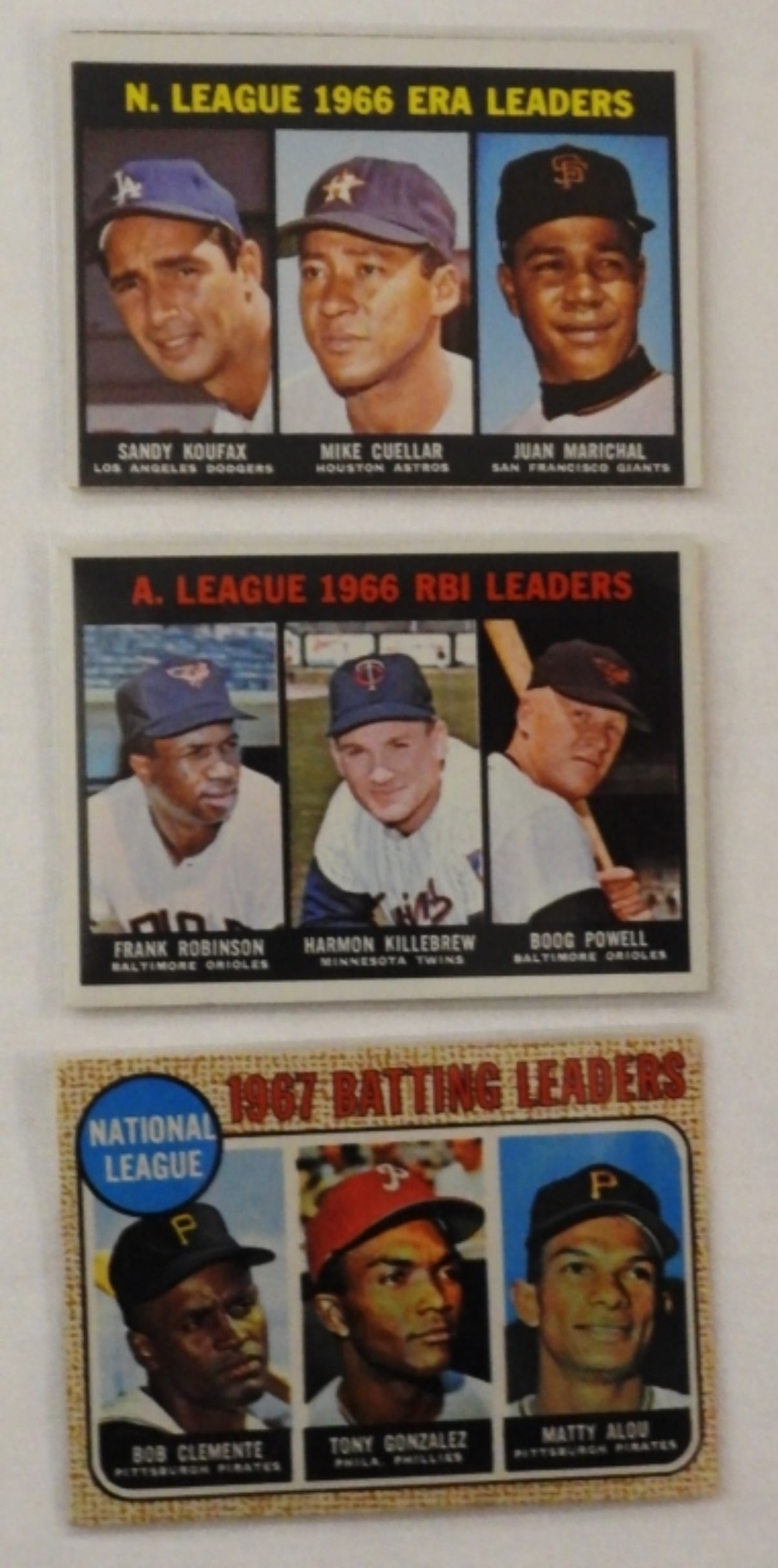 3 TOPPS Leaders Cards: 1967 Batting Leaders #1, N. League 1966 Era Leaders #234, A. League 1966 RBI Leaders #241, cg