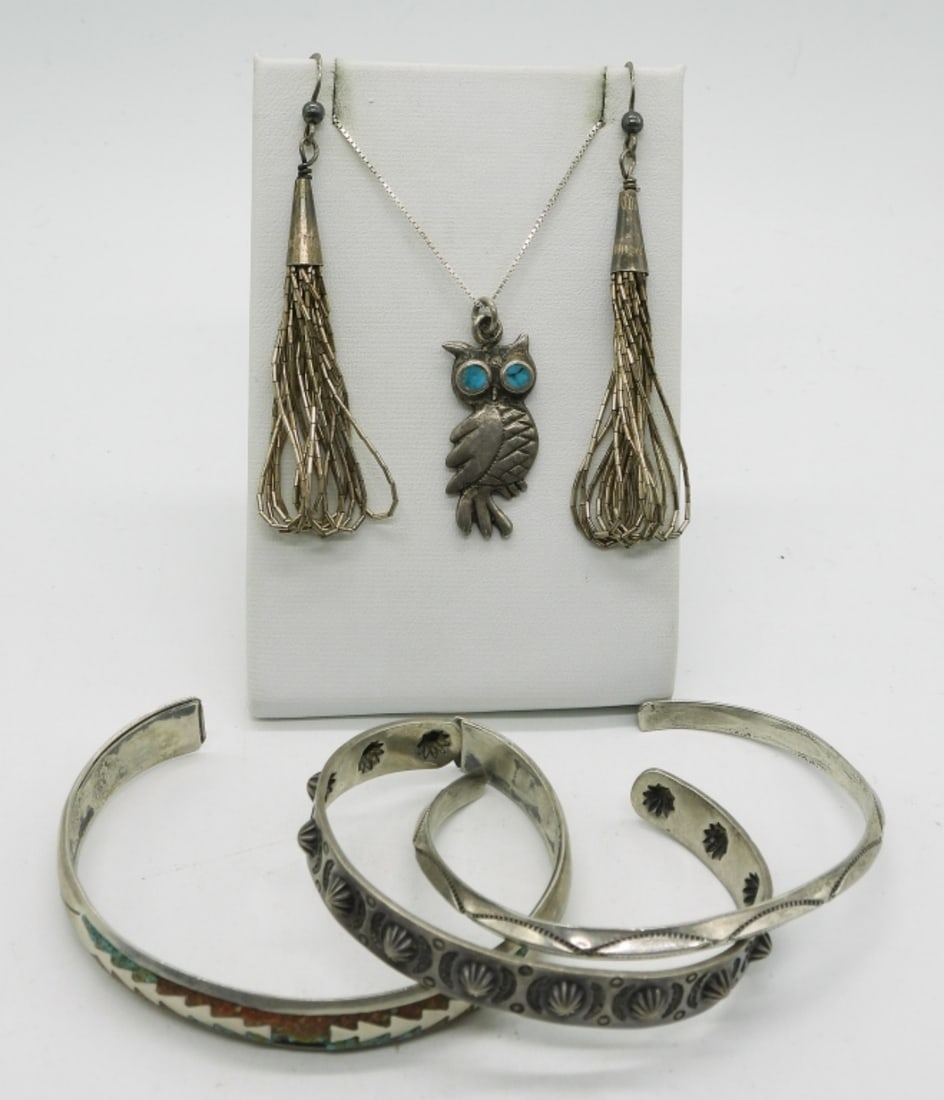 Turquoise Sterling Bracelets, Necklace & More: Pierced liquid sterling earrings, 2.5". 18" sterling owl necklace with turquoise. Three sterling southwest style cuff bracelets. One with turquoise inlay (missing some pieces). (26.2 dwt)