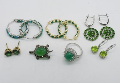 Green Opals & More 925 Earrings, Ring, Pin