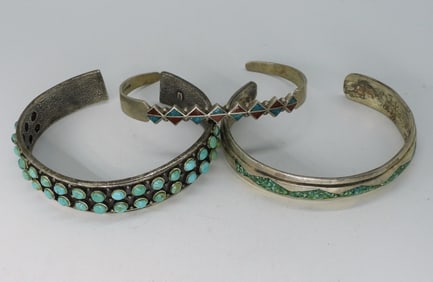3 Sterling Turquoise Inlay Cuff Bracelets