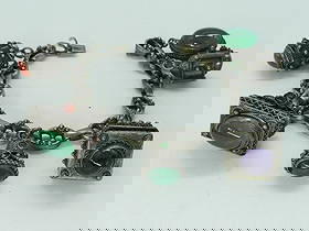 Jade, Amethyst Silver 800 Bracelet: Large chunky charms on a 7.5" bracelet, 800 Silver. Jade & Amethyst gemstones. (47 dwt)