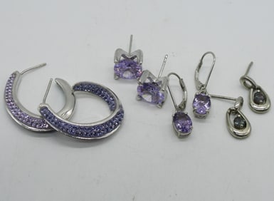4 Pair Amethyst Sterling Pierced Earrings