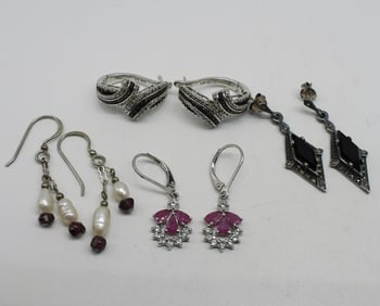 4 Pair Onyx & Ruby Pierced Earrings