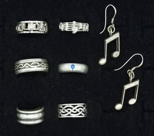 6 Sterling Rings & Music Note Earrings