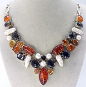 Collar Necklace, Amber, Pearl, Quartz 925