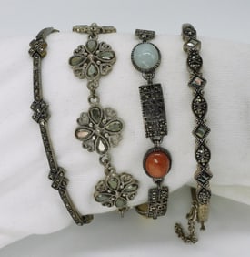 4 Sterling Marcasite & Gemstone Bracelets