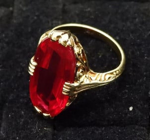 14k Scroll Work Band with Deep Red Stone