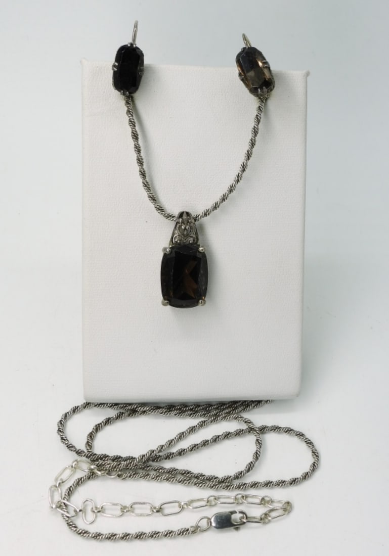 Smokey Quartz Necklace & Earrings 925 Set: Sterling smokey quartz necklace, 32". Pierced sterling smokey quartz earrings, 3/4". (11.8 dwt)