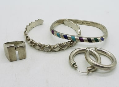 2 Taxco Sterling Bracelets, Earrings, Ring