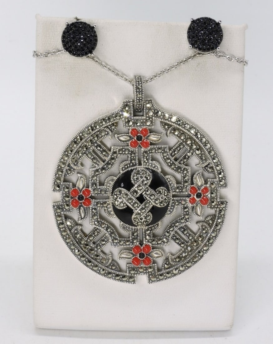 Large Marcasite 925 Pendant & Earrings (1 of 2)