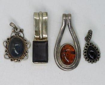 4 Sterling Pendants, Amethyst, Amber & More