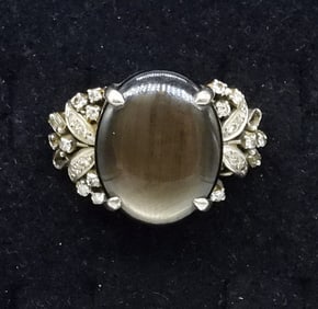 Large Brown Cat's Eye Diamond 925 Ring