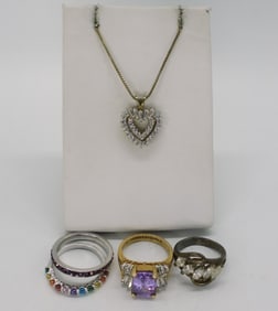 4 Sterling Rings & Necklace - Gemstones
