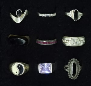 9 Sterling Gemstone Rings - Amethyst, Blk Onyx