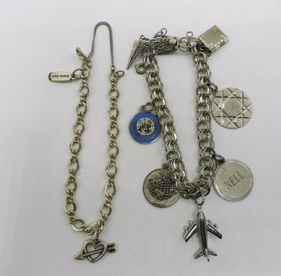 James Avery & Vintage 925 Charm Bracelets: One sterling James Avery charm bracelet, with one charm. 7". Vintage mid 1960's sterling charm bracelet, 7 charms. 7". (26.3 dwt)