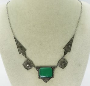 Art Deco Green Glass 925 Necklace