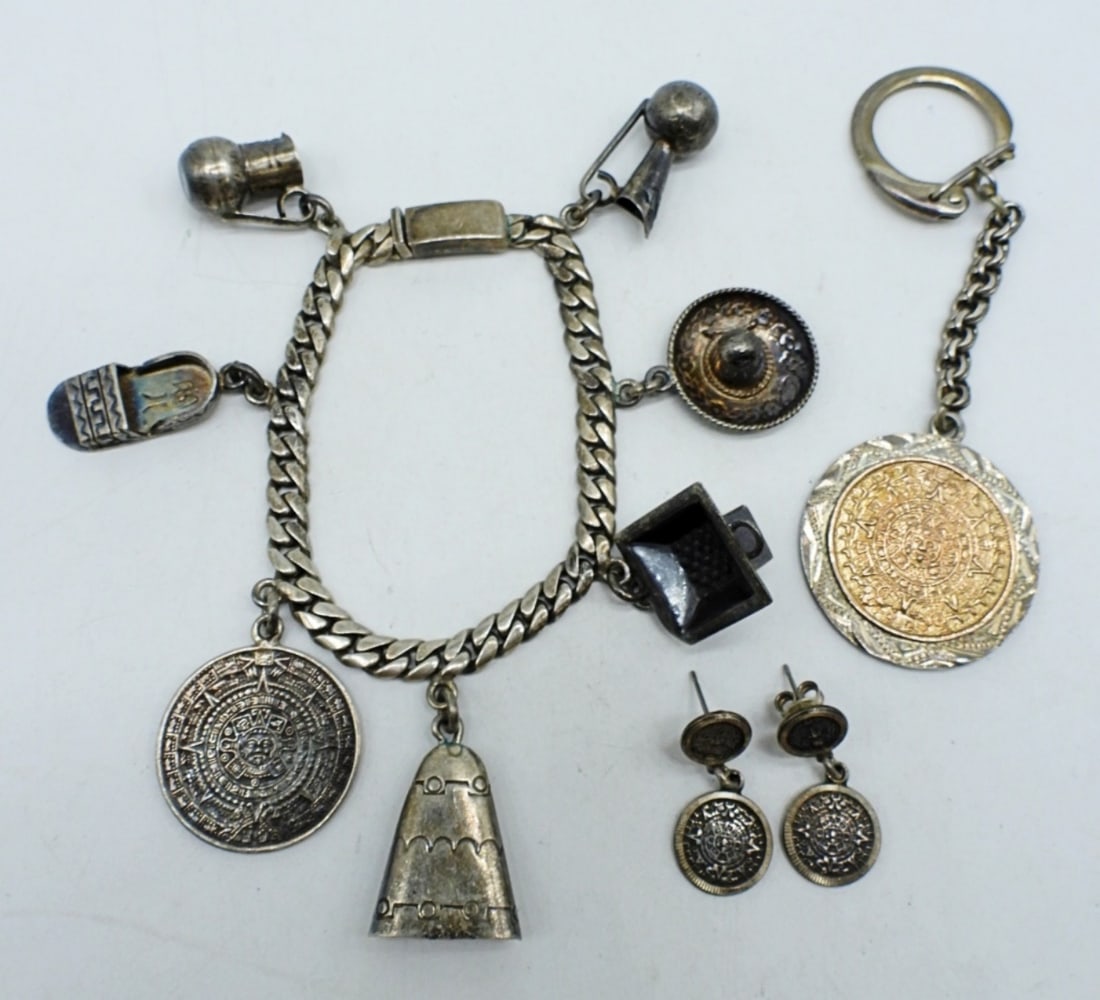 Mexico 925 Charm Bracelet & Earrings: Mexico, Sterling Charm Bracelet 7". Mayan calendar pierced earrings. Mayan calendar keychain. (42.9 dwt)