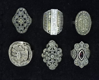 6 Sterling Marcasite Fashion Rings