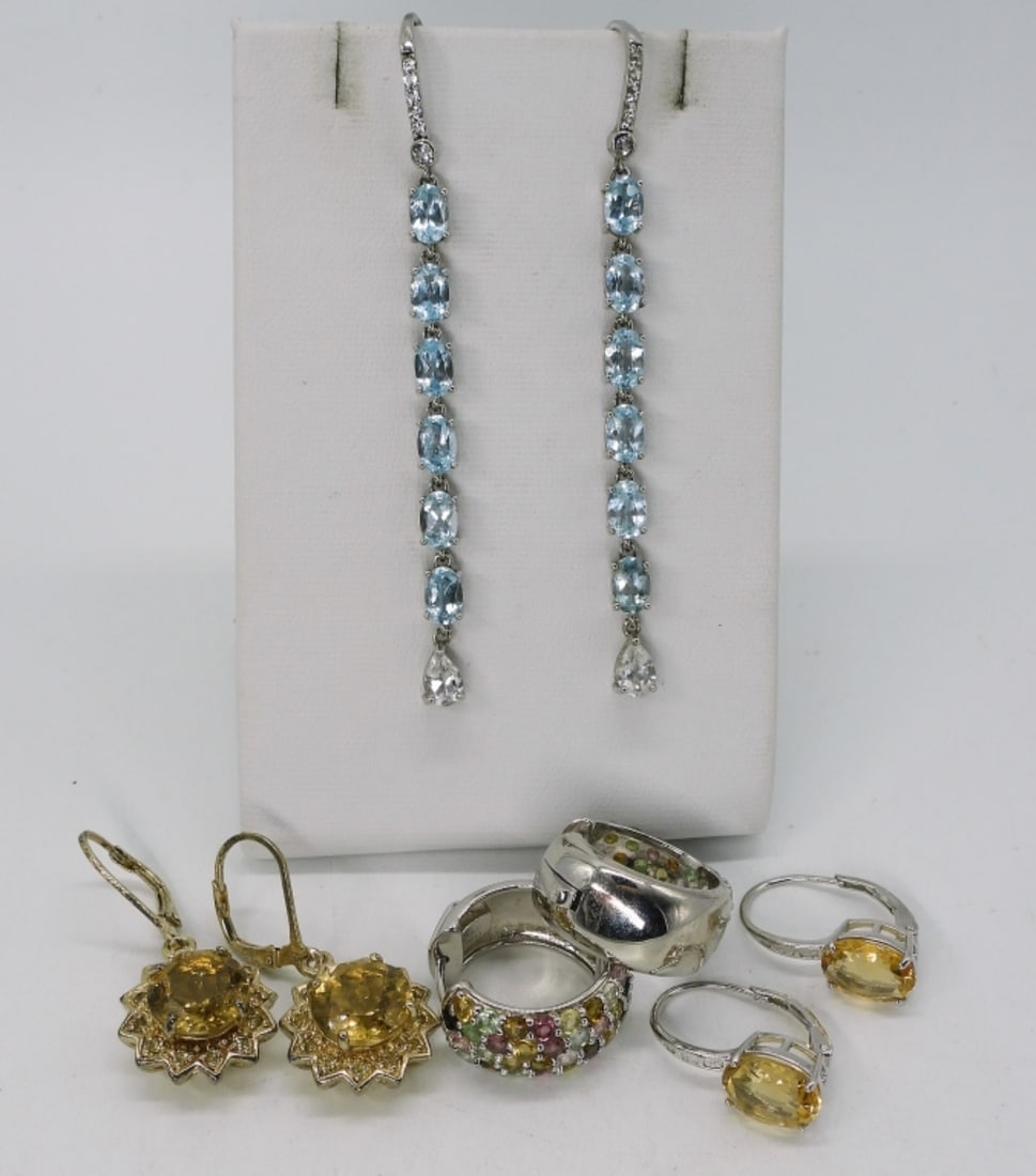 4 Sterling Earrings - Blue Topaz, Citrine: Four pair of sterling earrings, pierced. Blue topaz, citrine and more. (18.2 dwt)