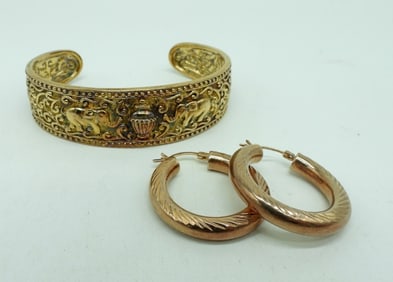 Sterling Gold Tone Bracelet & Hoop Earrings