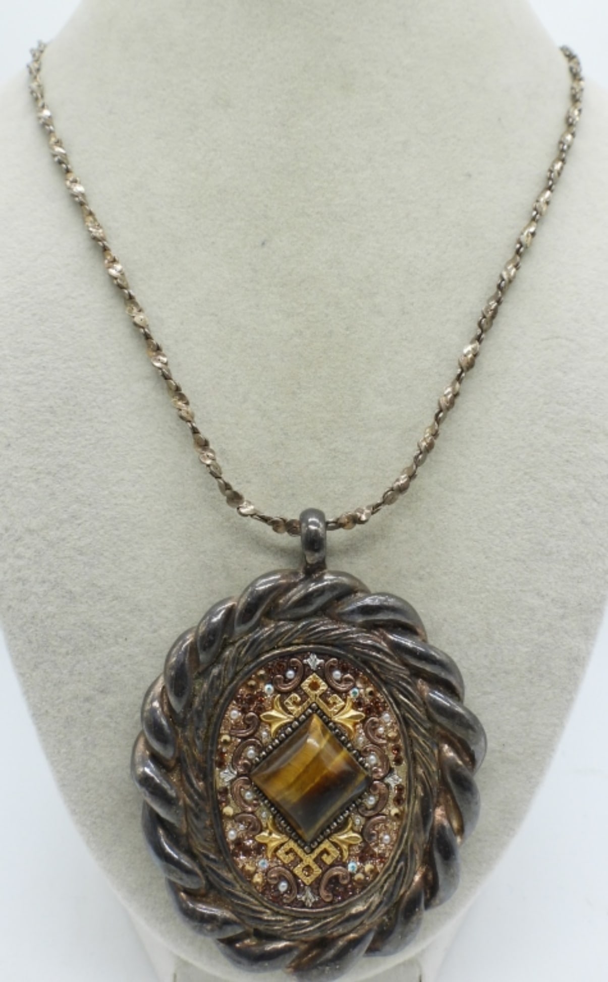 Huge 925 Pendant with Tigers Eye Gemstone: Huge Sterling (marked 925 SO) pendant with tigers eye. Chain is 20". (28.2 DWT)