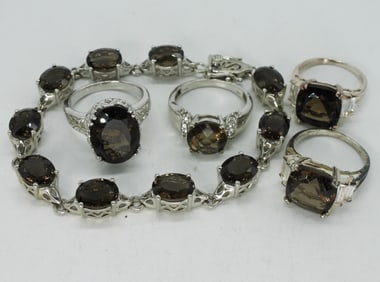 Smokey Quartz Gemstone Rings & Bracelet 925