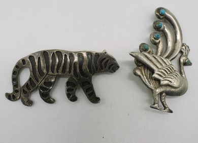 Taxco Tiger 925 Brooch & Peacock Brooch