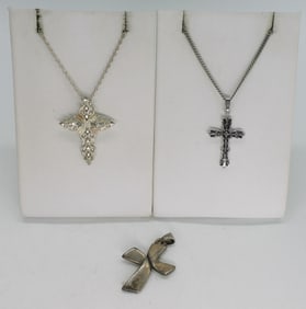 3 Sterling Cross Pendants, 2 Chains